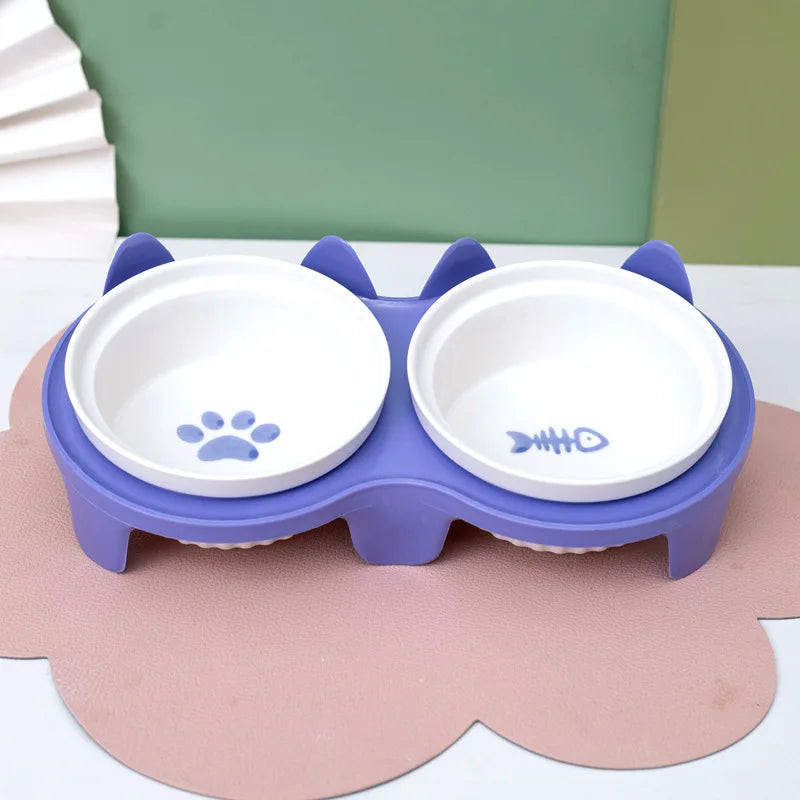 Pet ceramic feeding bowl, double bowl, inclined angle to hold food and water, protect the cat's cervical spine.